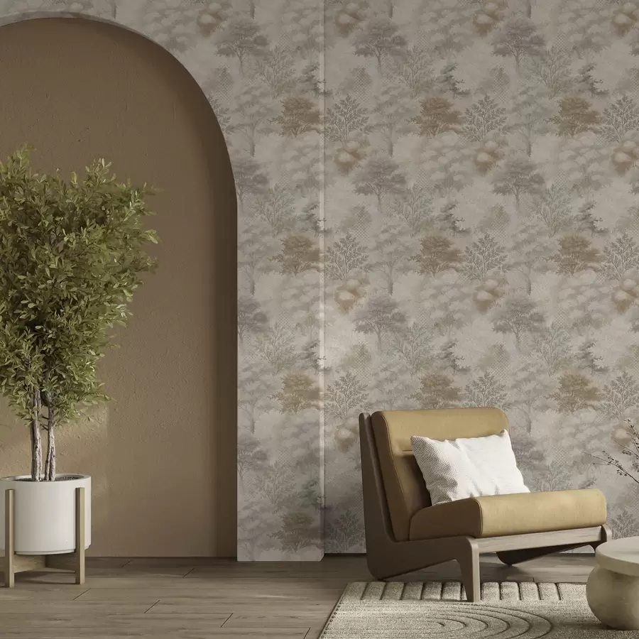 Papier peint Forêt douce dans la brume, tons doux beige-gris a00785