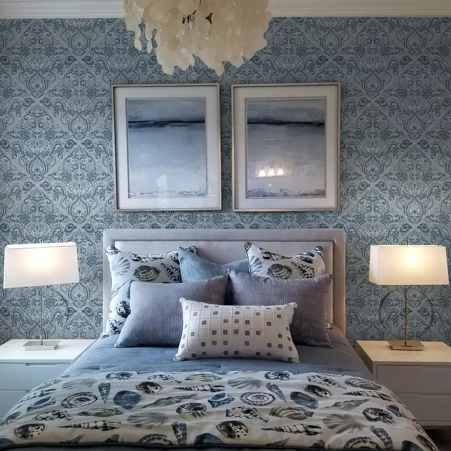 Papier peint Damassé classique, bleu foncé sur bleu clair a00826