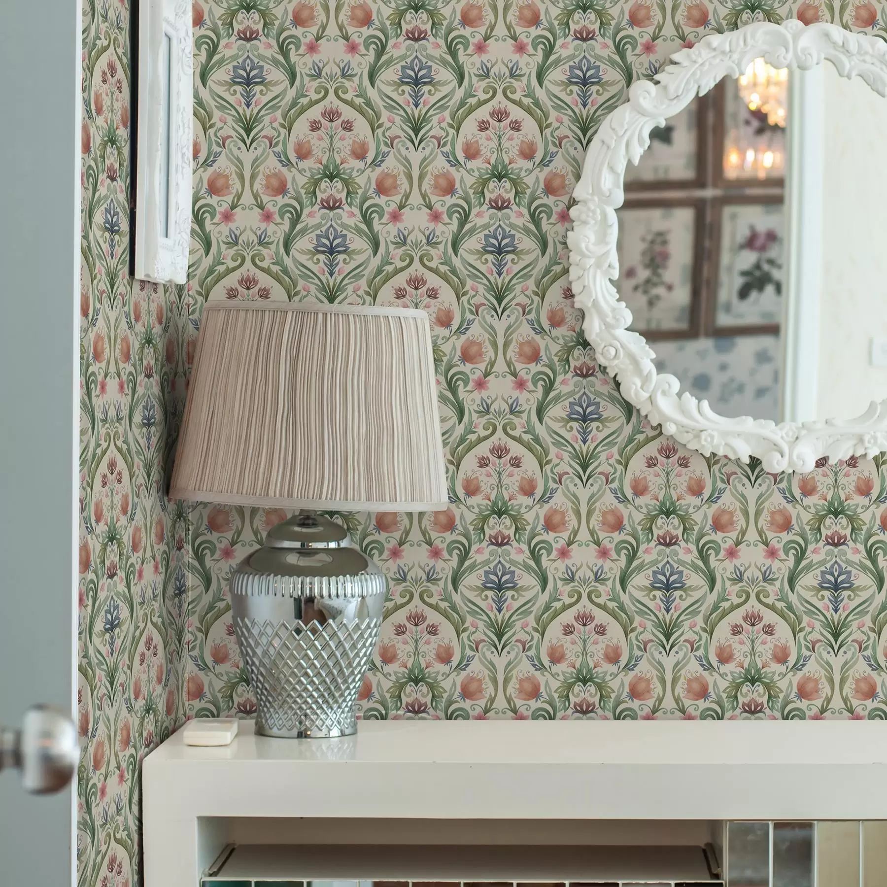 Papier peint Ornement floral symétrique, terre cuite et vert a00827