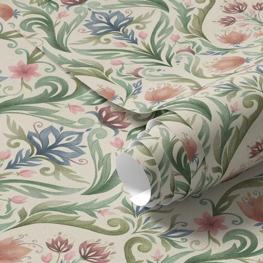 Papier peint Ornement floral symétrique, terre cuite et vert a00827