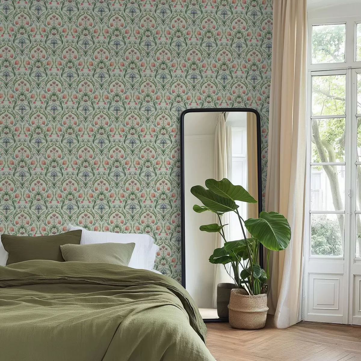 Papier peint Ornement floral symétrique, palette crème menthe a00827v1