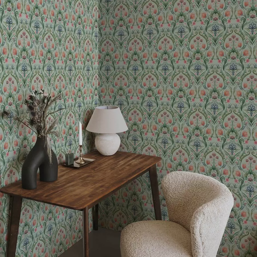 Papier peint Ornement floral symétrique, palette crème menthe a00827v1