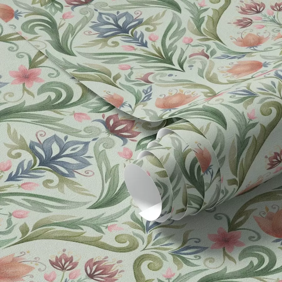 Papier peint Ornement floral symétrique, palette crème menthe a00827v1