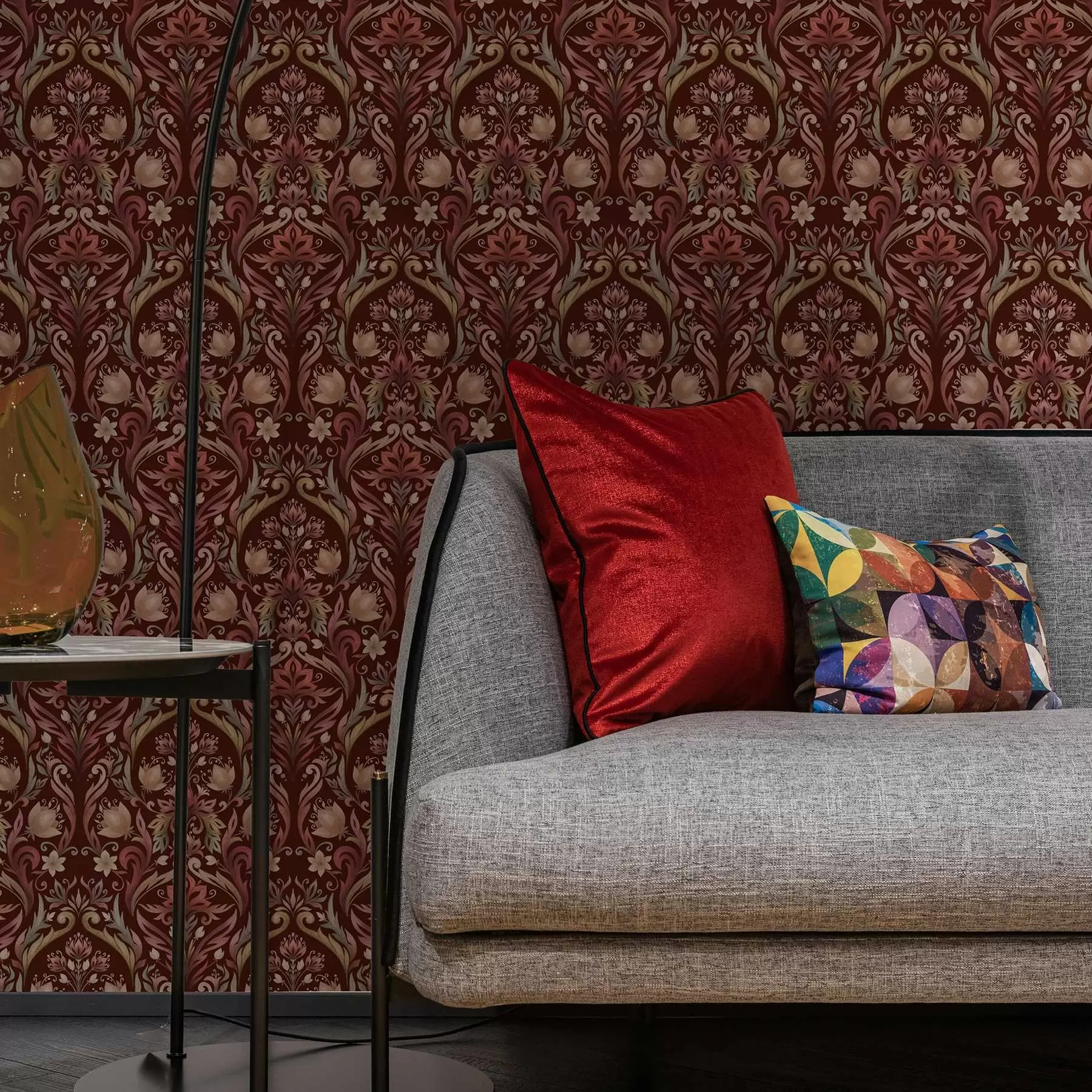 Papier peint Ornement tulipe, fond bordeaux intense a00827v2