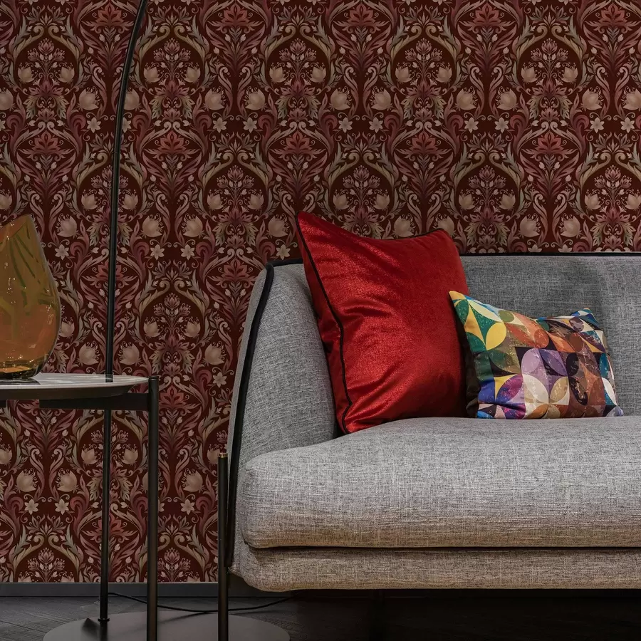 Papier peint Ornement tulipe, fond bordeaux intense a00827v2