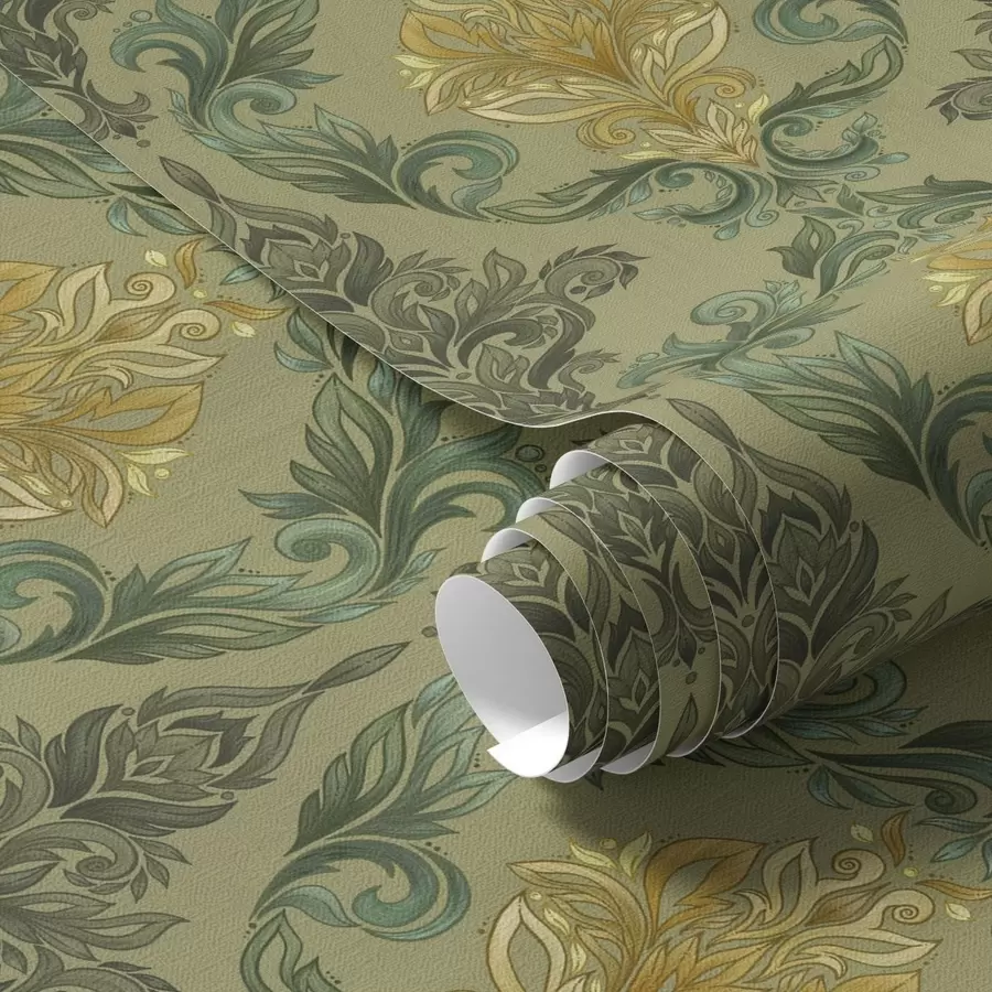 Papier peint Damassé à volutes végétales, palette ocre olive a00828