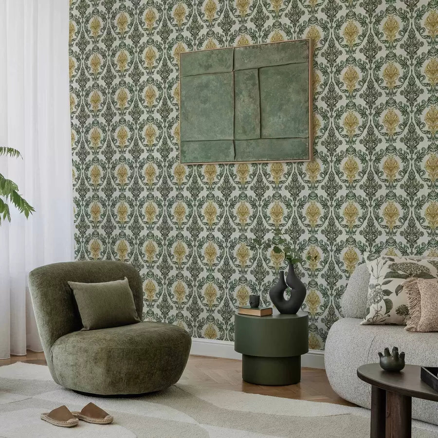 Papier peint Damas avec des volutes vertes sur fond clair a00828v1