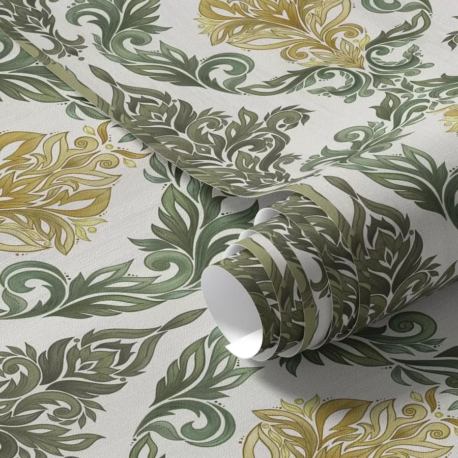 Papier peint Damas avec des volutes vertes sur fond clair a00828v1