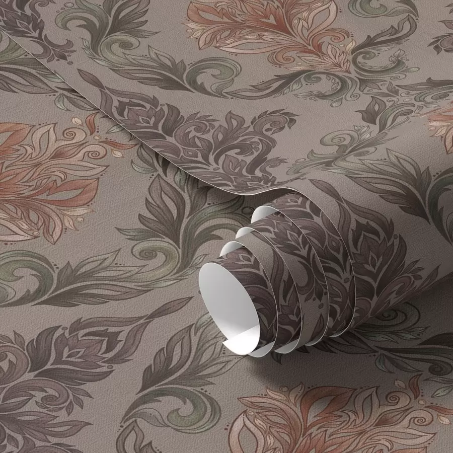 Papier peint Damassé dans une palette de couleurs brun-terre cuite, fond gris chaud a00828v2