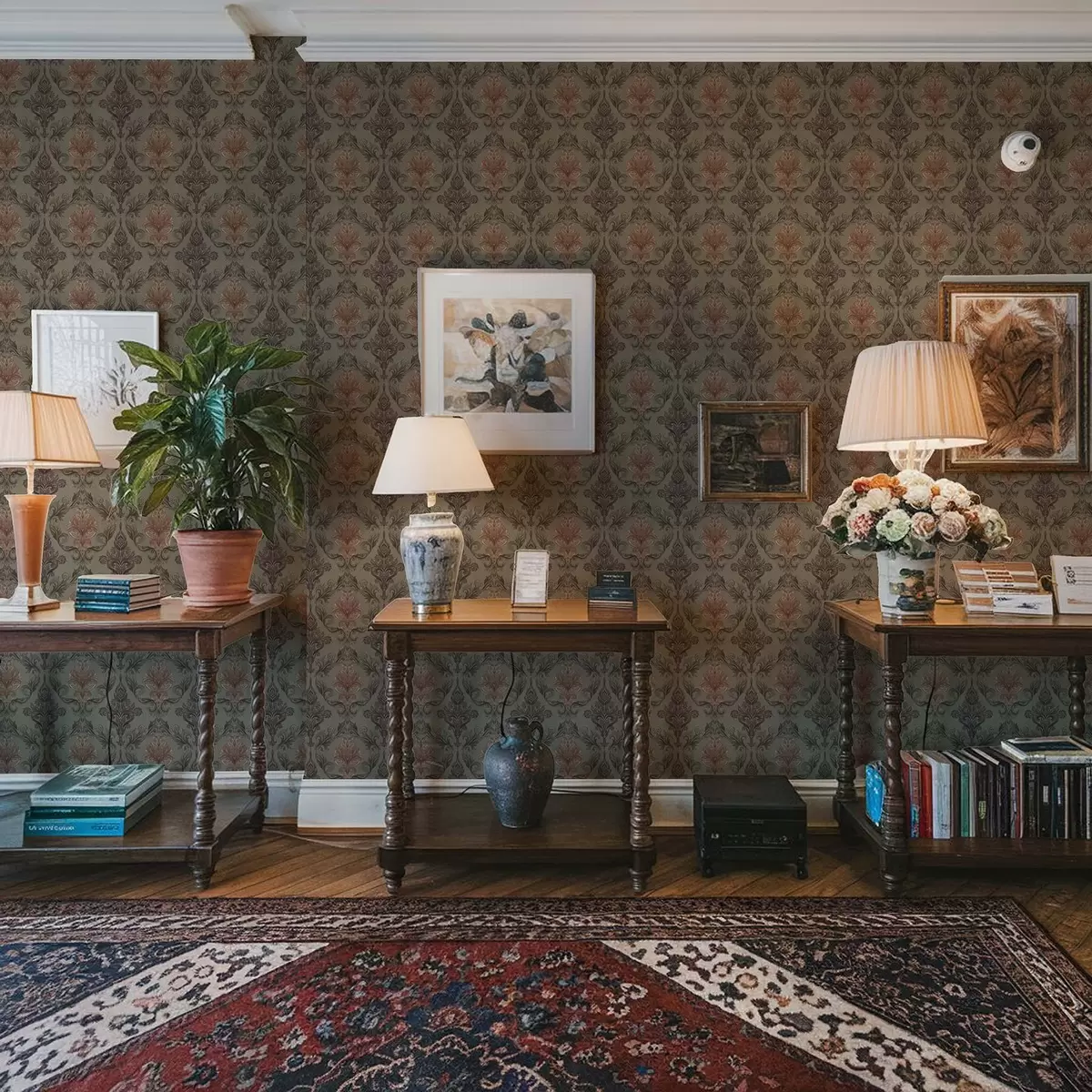 Papier peint Damassé terracotta sur fond olive discret a00828v3