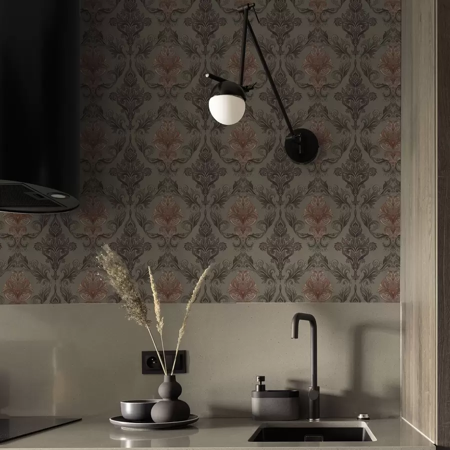 Papier peint Damassé terracotta sur fond olive discret a00828v3