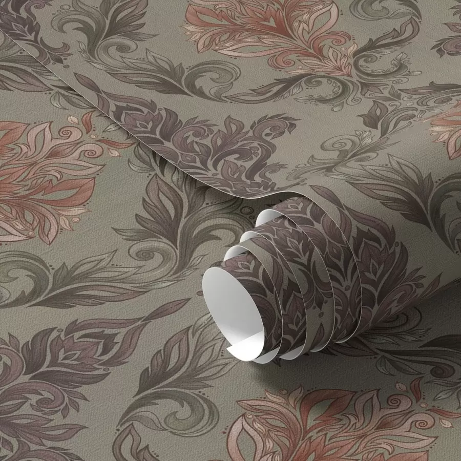 Papier peint Damassé terracotta sur fond olive discret a00828v3