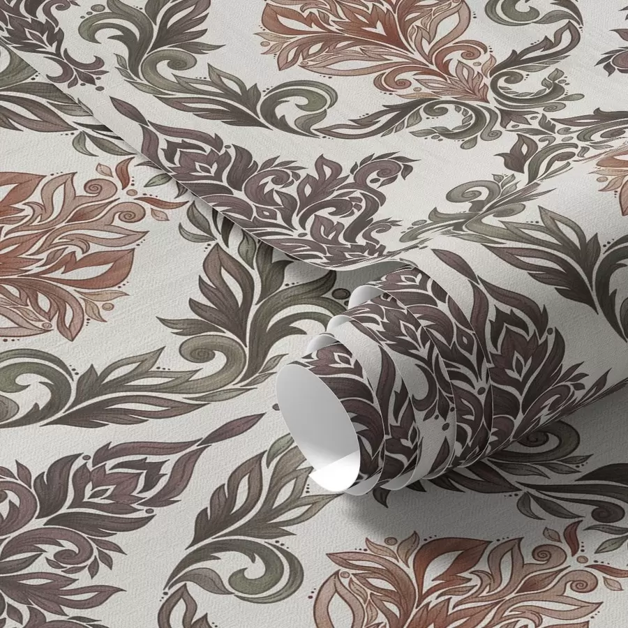 Papier peint Damas avec des accents brun cuivré sur fond clair a00828v4