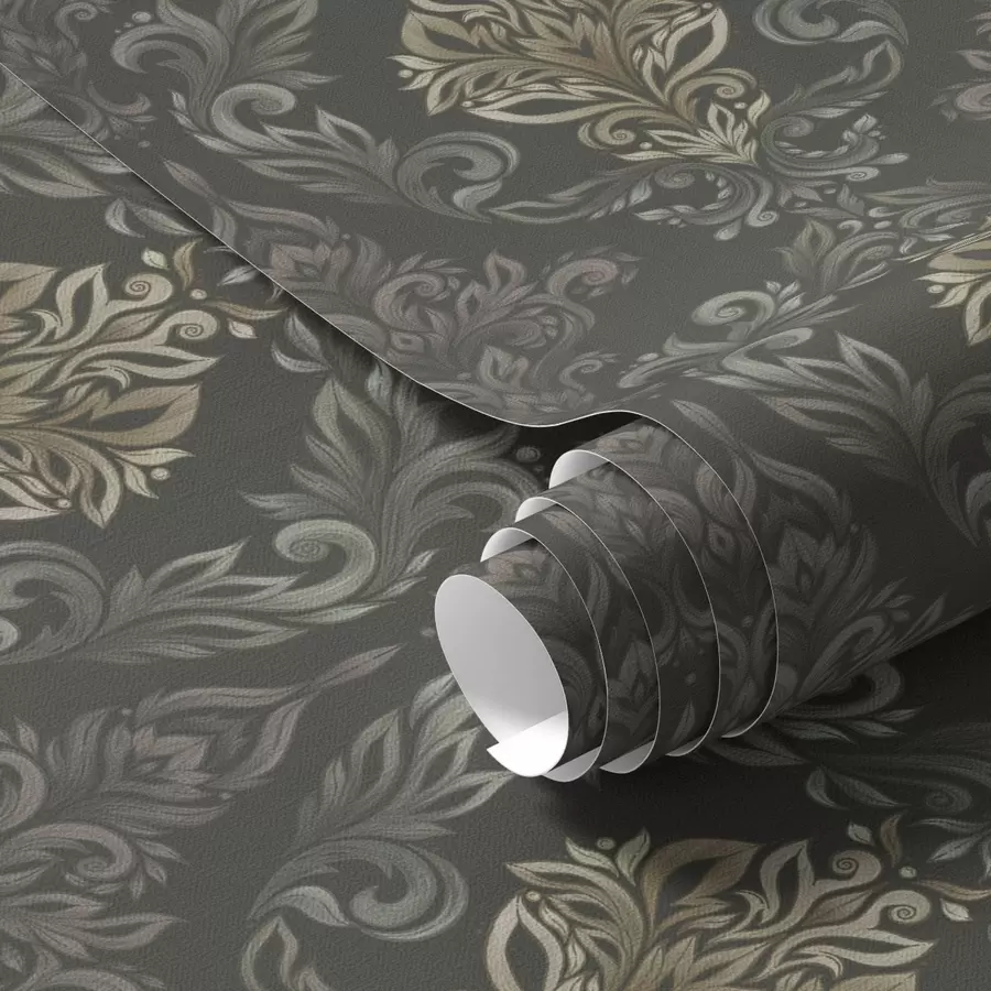 Papier peint Damas sur fond graphite foncé, accents olive-ocre a00828v5