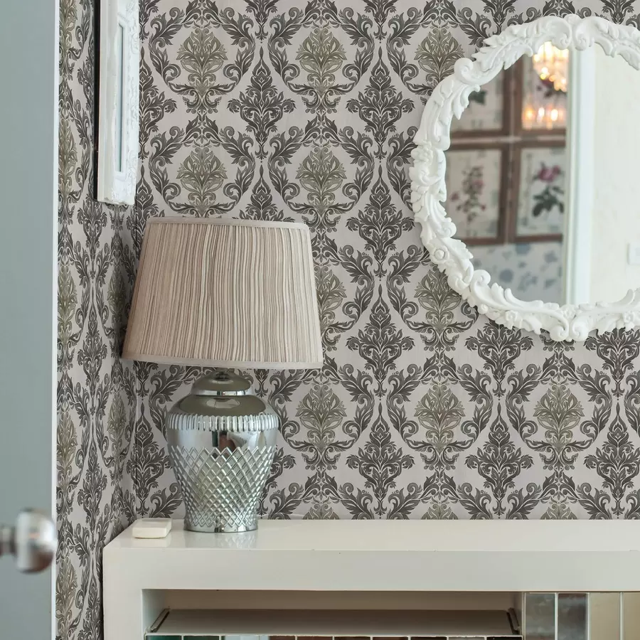 Papier peint Damassé sur fond clair, accents bronze olive a00828v6