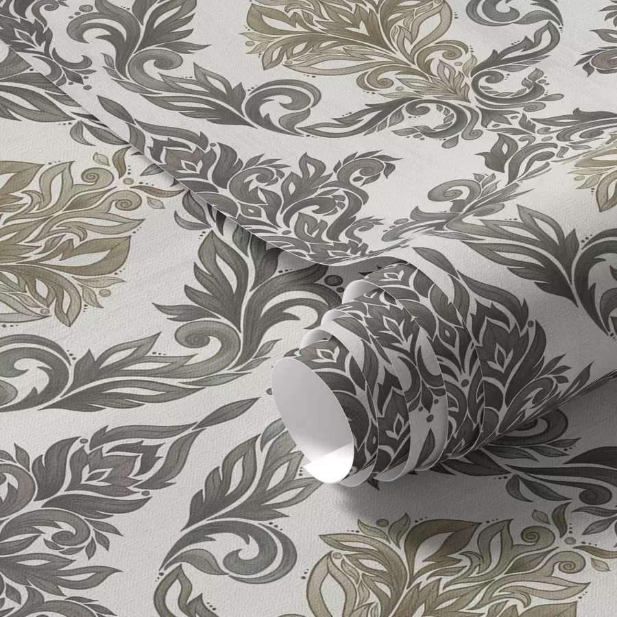 Papier peint Damassé sur fond clair, accents bronze olive a00828v6