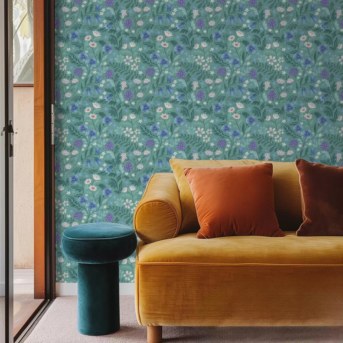 Papier peint Fleurs sauvages et baies sur fond menthe douce a00849