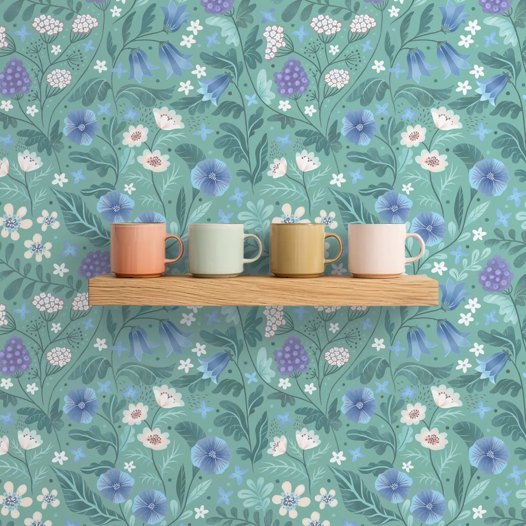 Papier peint Fleurs sauvages et baies sur fond menthe douce a00849