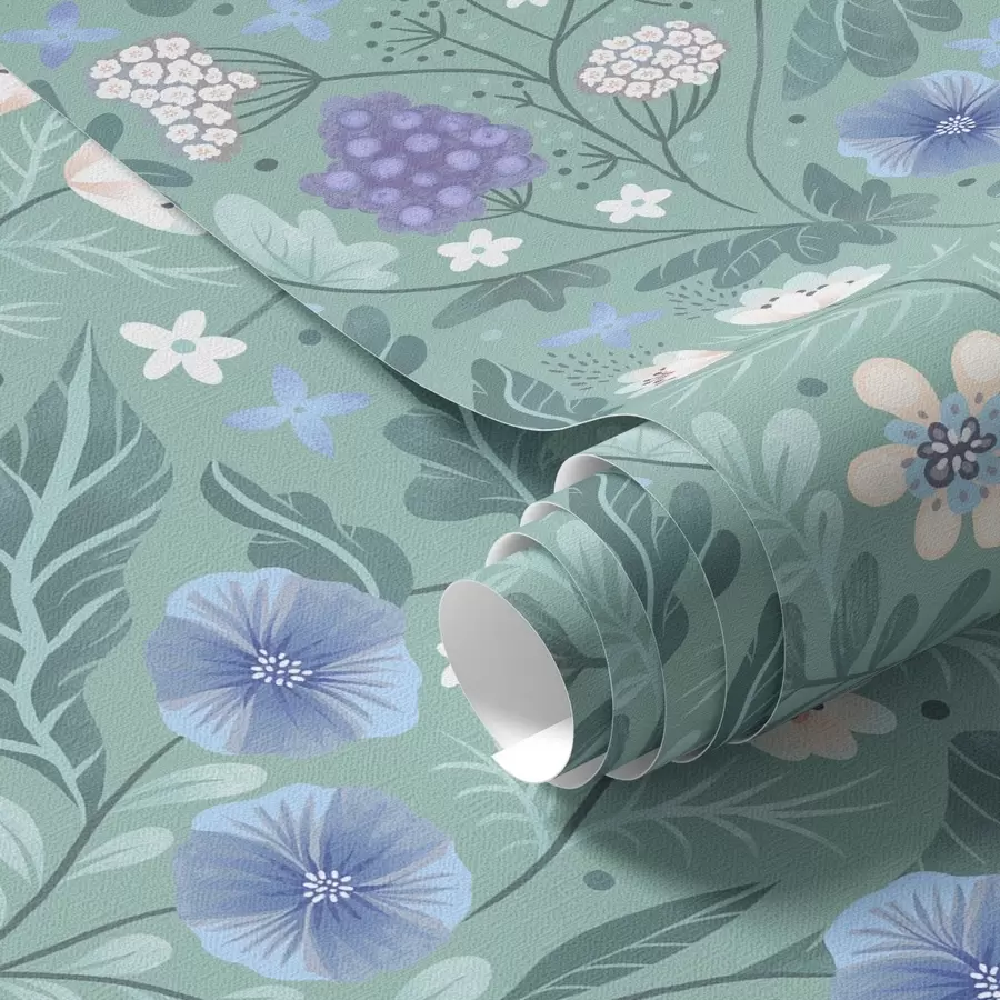 Papier peint Fleurs sauvages et baies sur fond menthe douce a00849