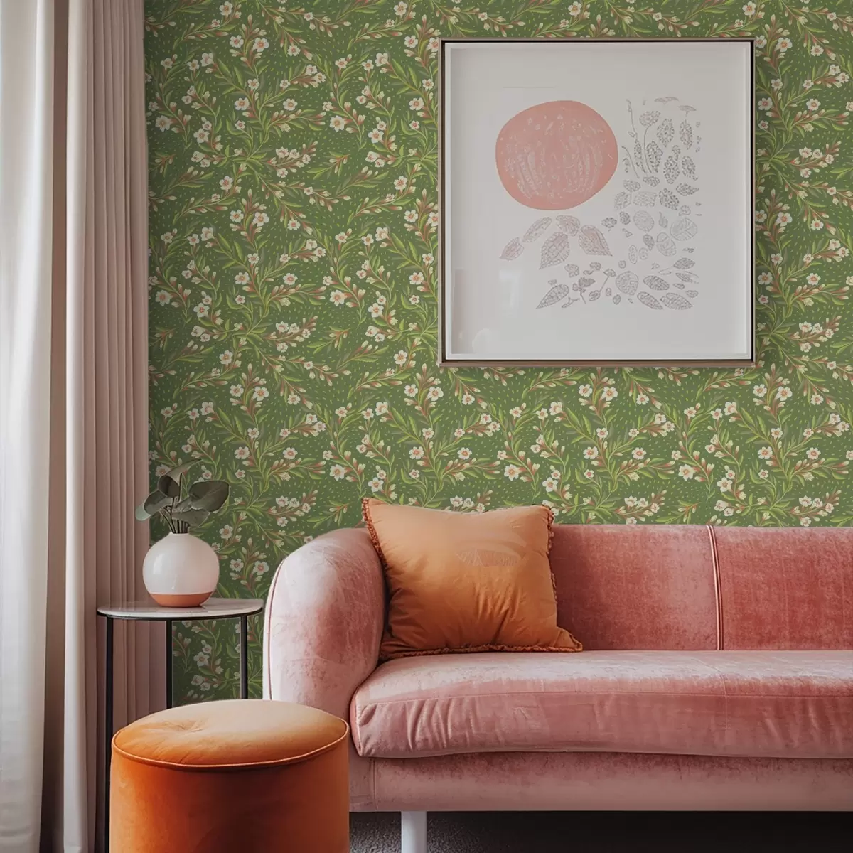 Papier peint Branches balayées avec des fleurs crème sur fond olive a00850