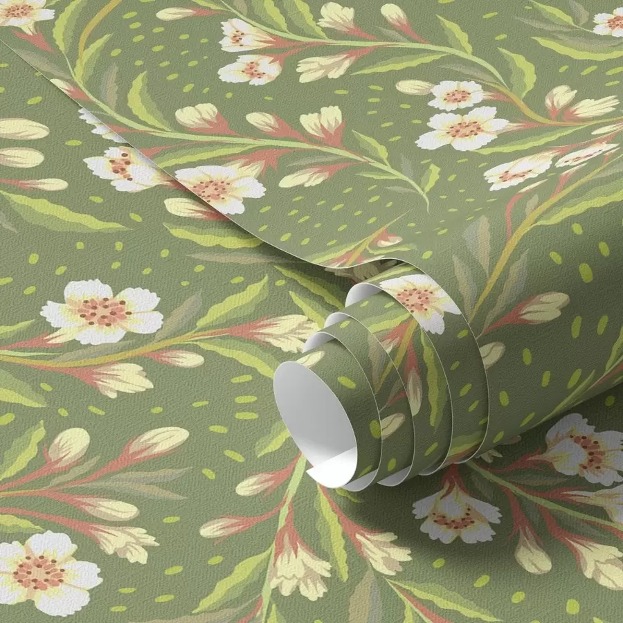 Papier peint Branches balayées avec des fleurs crème sur fond olive a00850