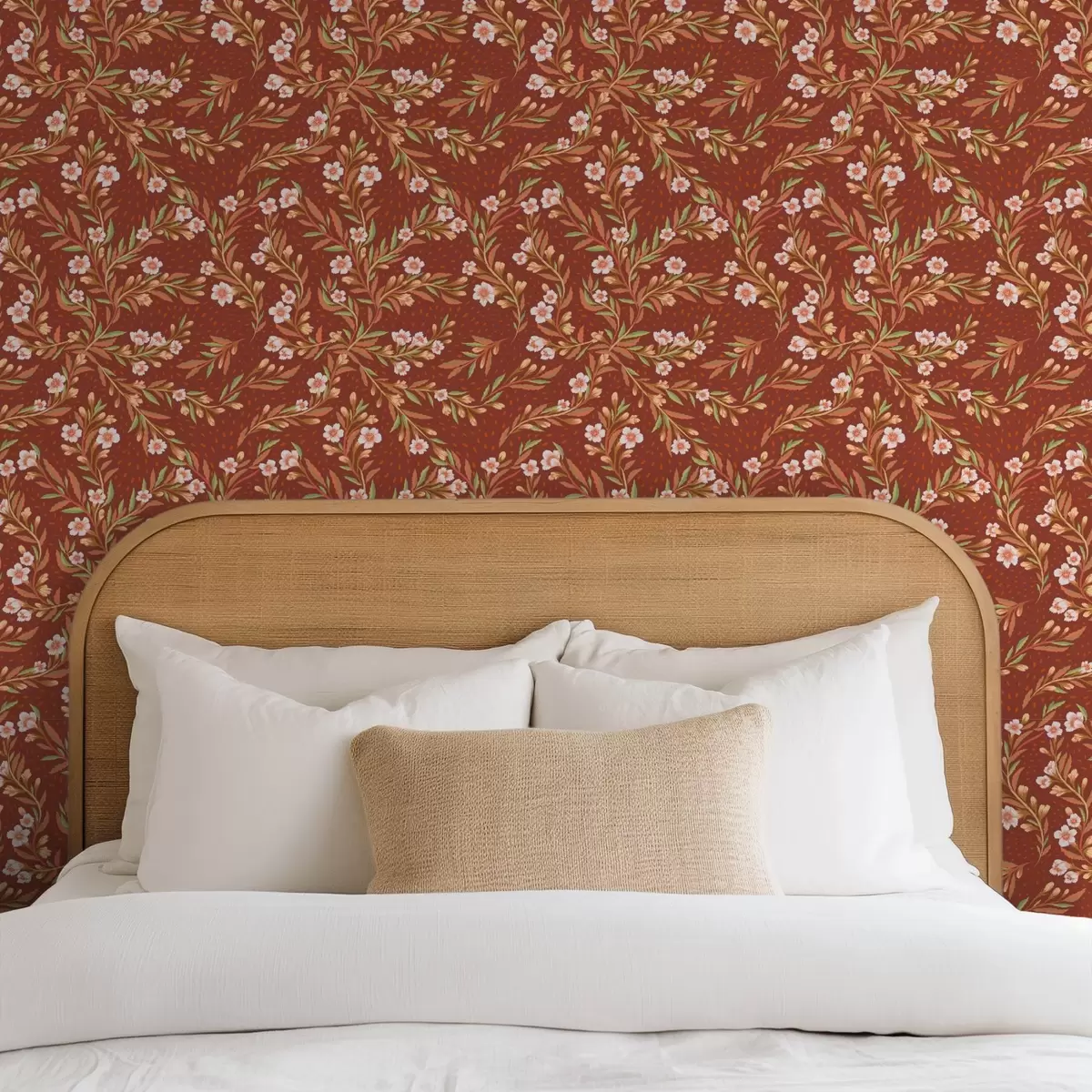 Papier peint Branches balayées avec des fleurs blanches sur fond terre cuite a00850v1