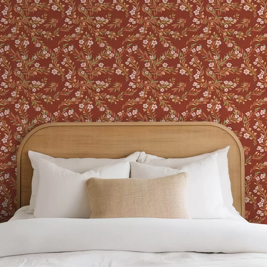 Papier peint Branches balayées avec des fleurs blanches sur fond terre cuite a00850v1