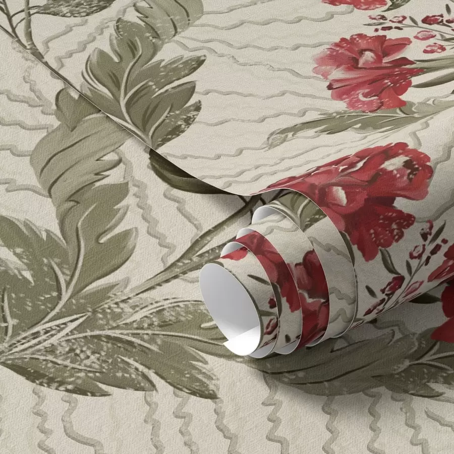 Papier peint Grandes pivoines rouges sur fond graphique, fond crème a00857