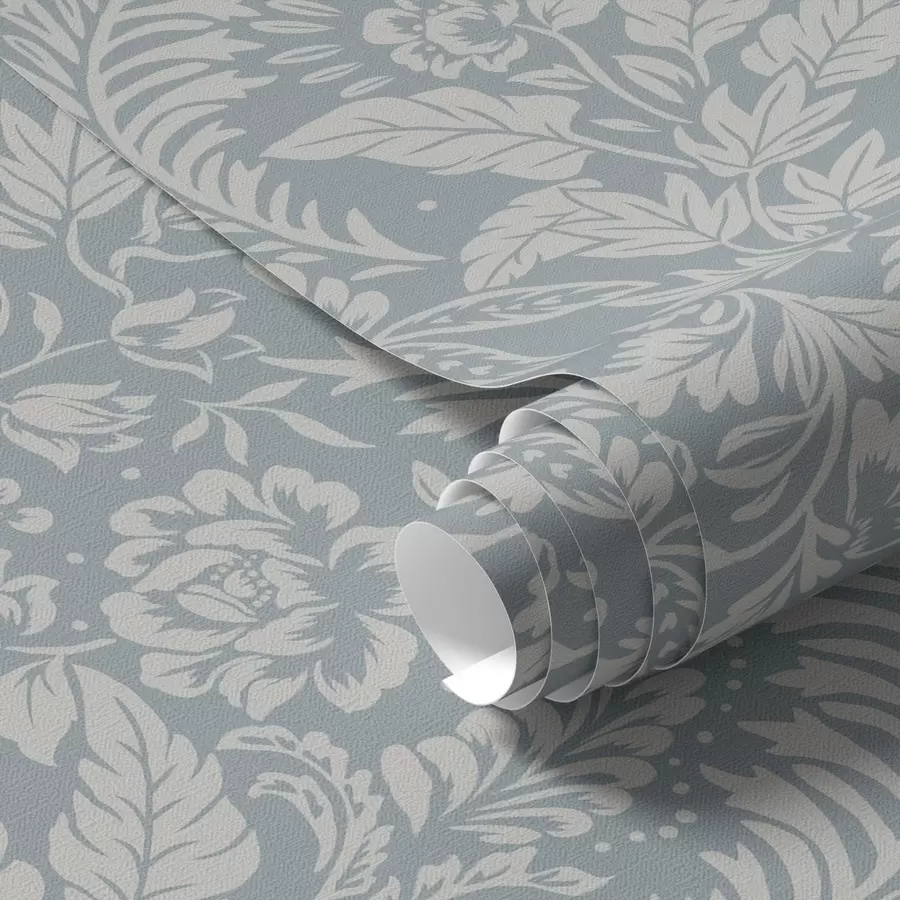 Papier peint Motif floral monochrome sur fond gris-bleu a00859