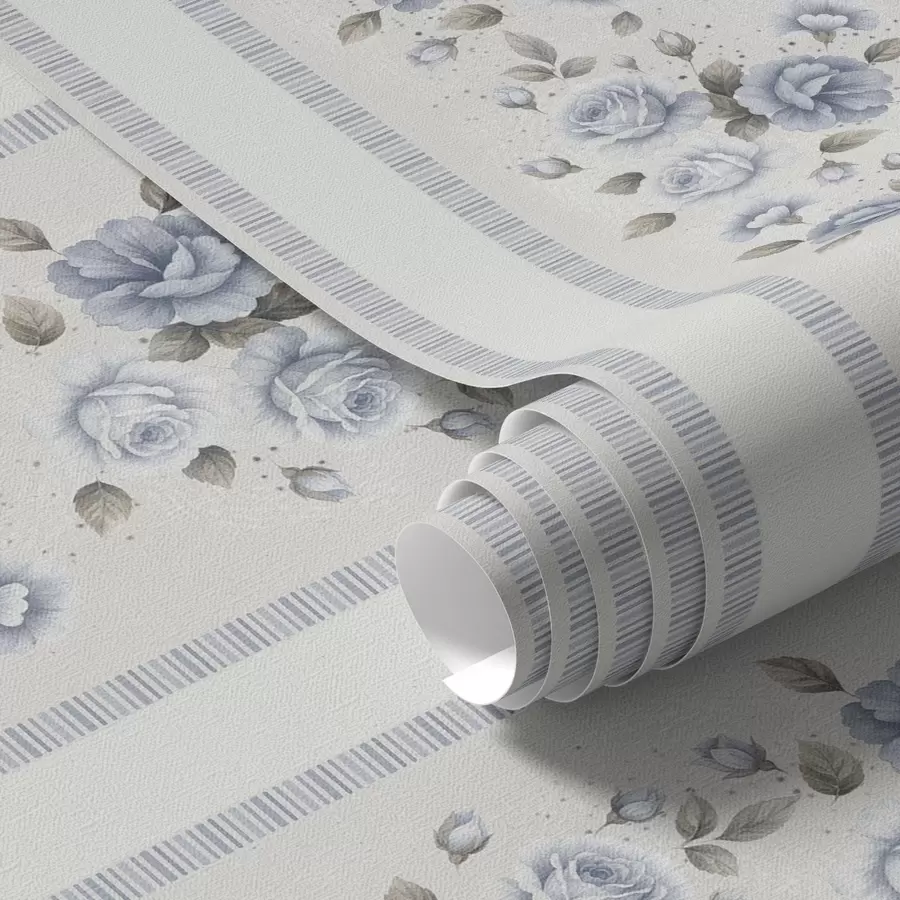 Papier peint Roses bleues disposées en bandes verticales sur fond clair a00860