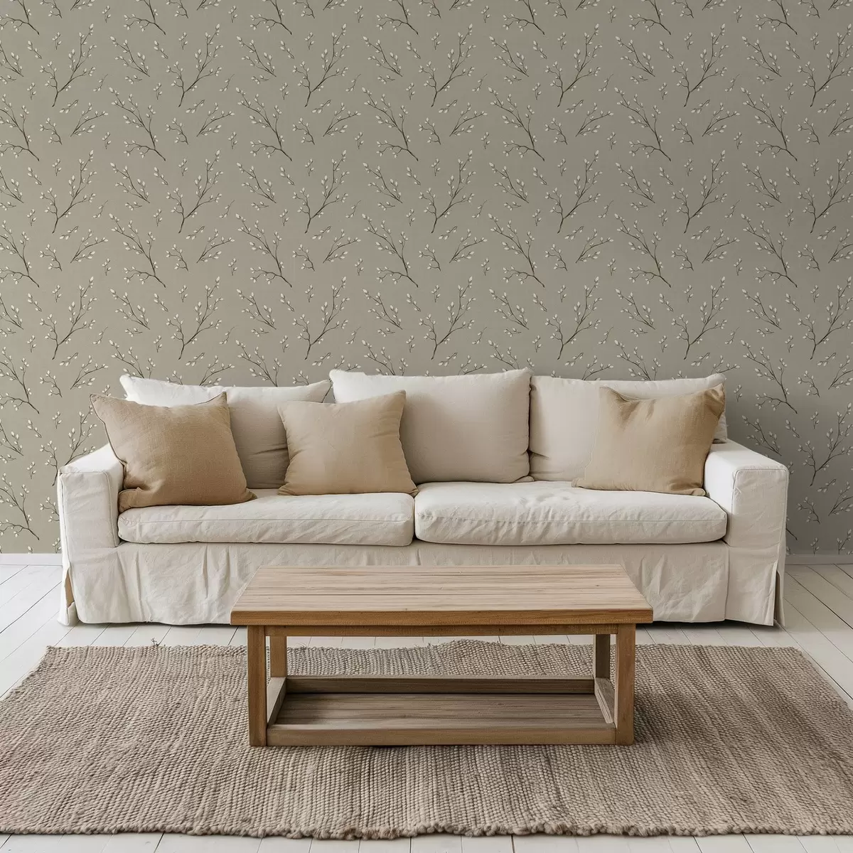 Papier peint Brindilles avec bourgeons blancs sur fond lin taupe a00861