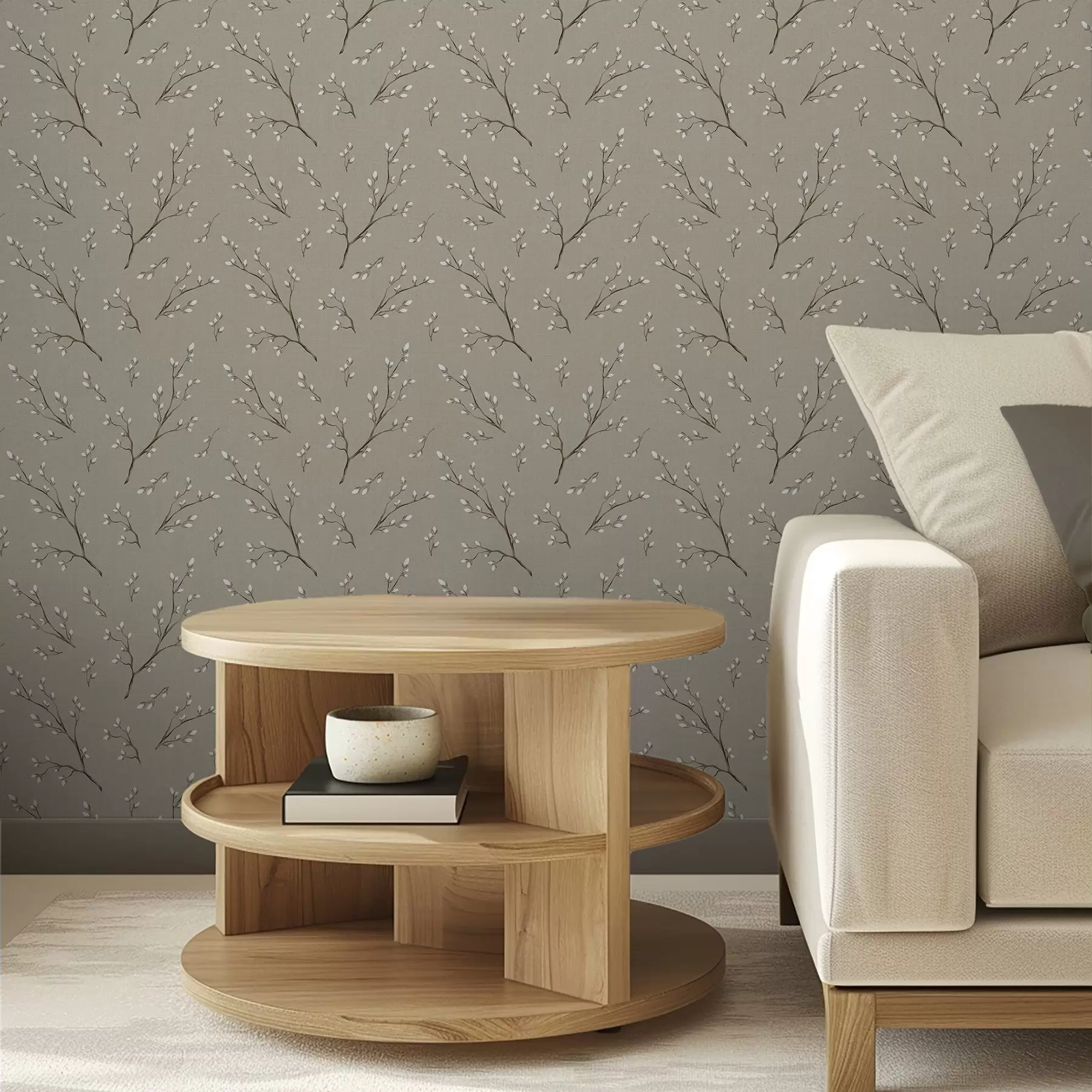 Papier peint Brindilles avec bourgeons blancs sur fond lin taupe a00861