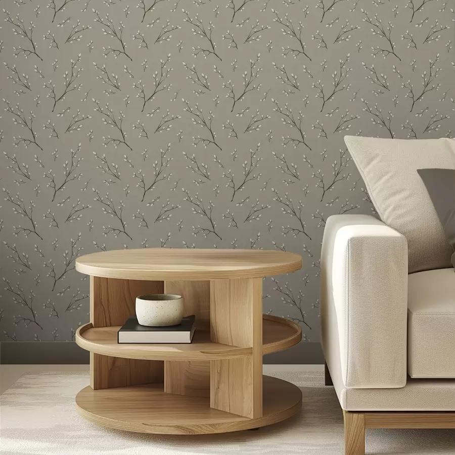 Papier peint Brindilles avec bourgeons blancs sur fond lin taupe a00861