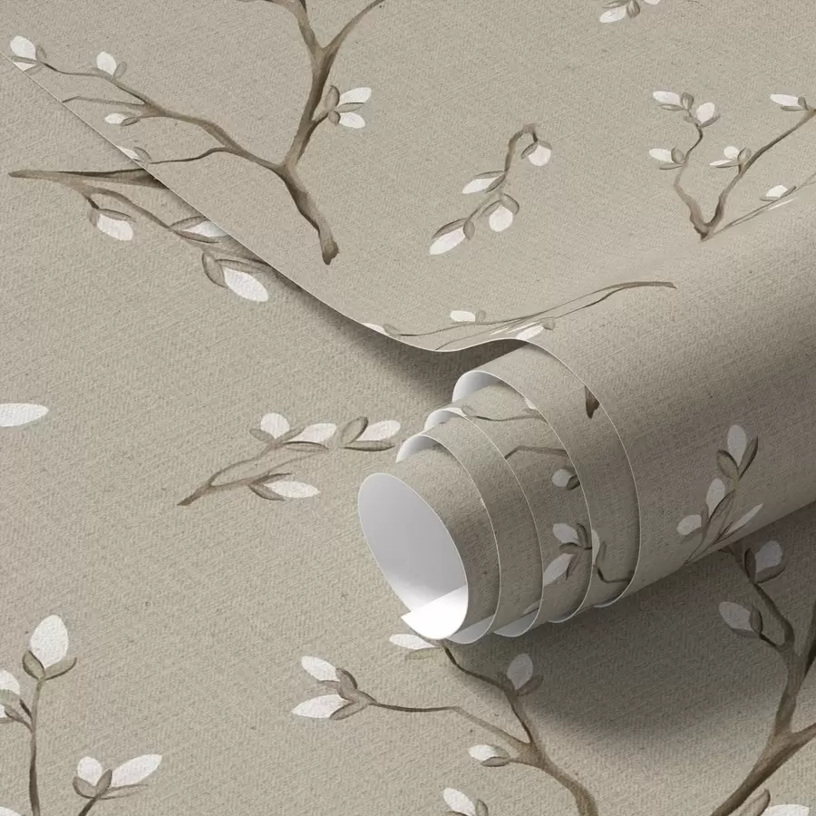 Papier peint Brindilles avec bourgeons blancs sur fond lin taupe a00861