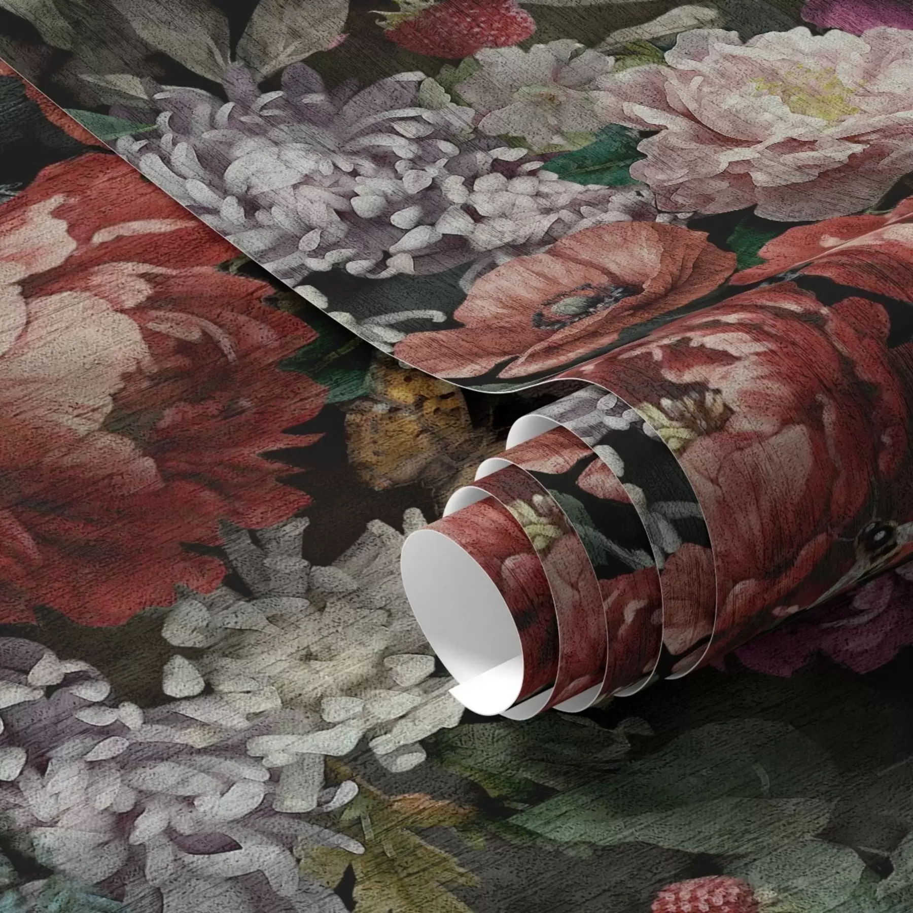 Papier peint Pivoines sombres et dramatiques, baies et papillon sur fond noir a00862
