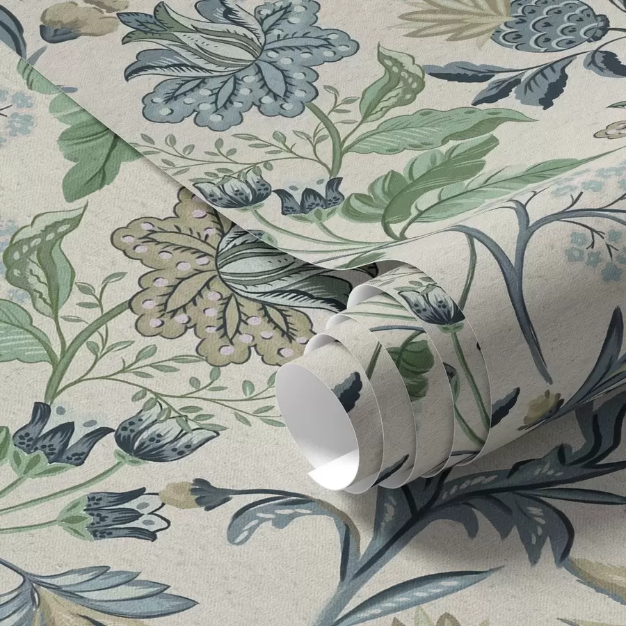 Papier peint Motifs floraux et feuilles bleu-vert sur fond crème a00863
