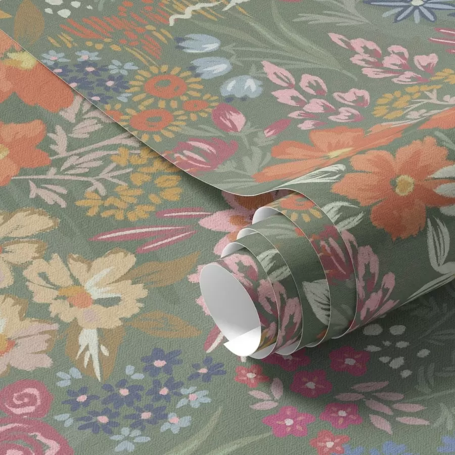 Papier peint Fleurs champêtres picturales sur fond vert sauge a00864