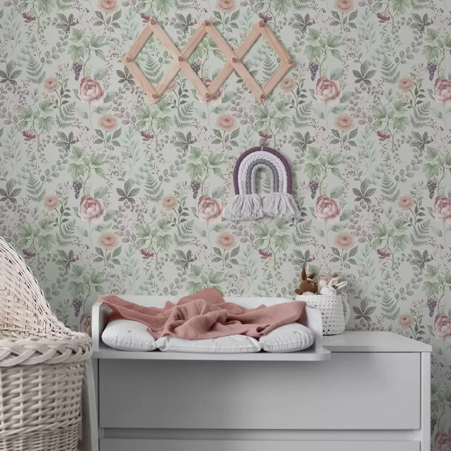 Papier peint Jardin pastel avec roses, fougères et raisins a00867