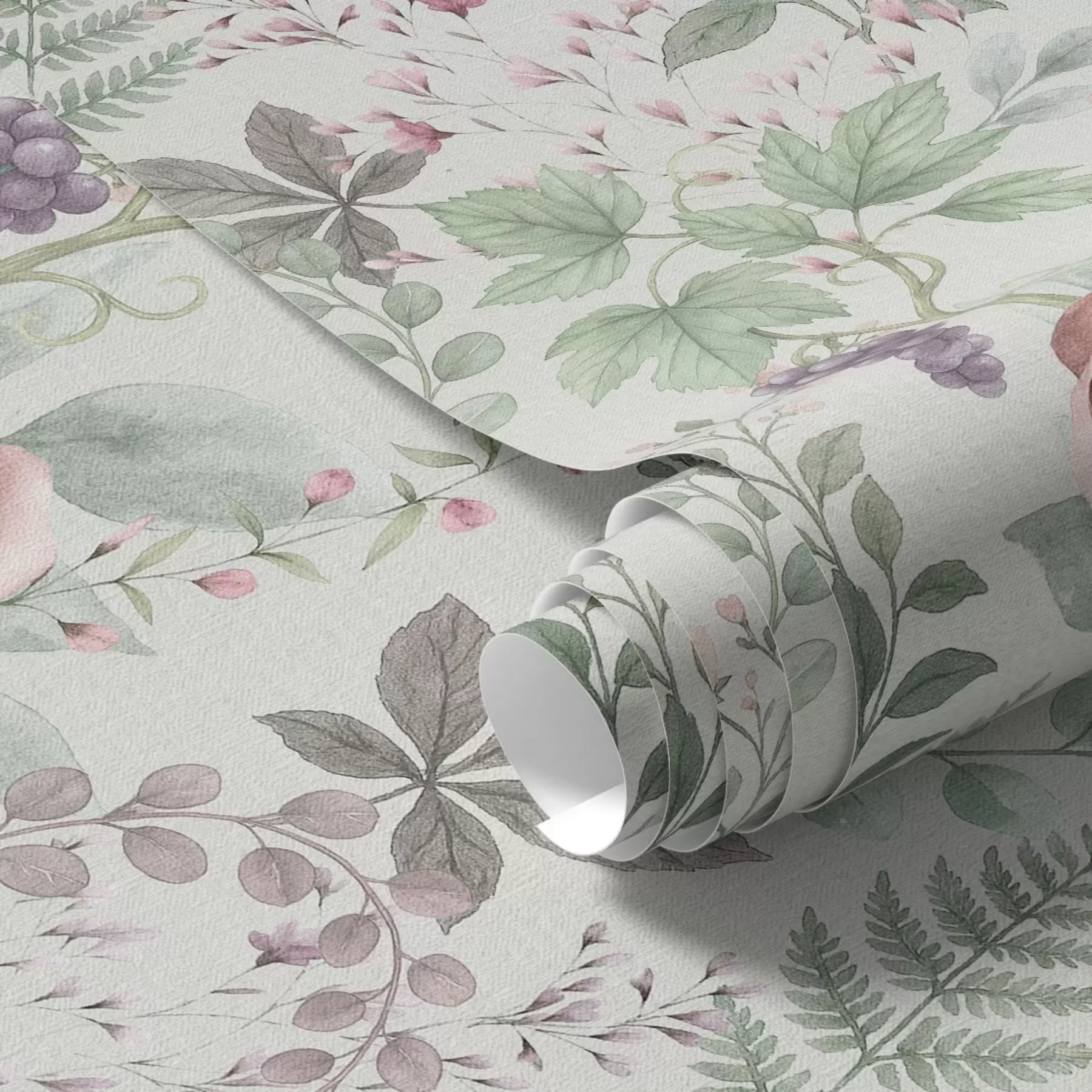 Papier peint Jardin pastel avec roses, fougères et raisins a00867