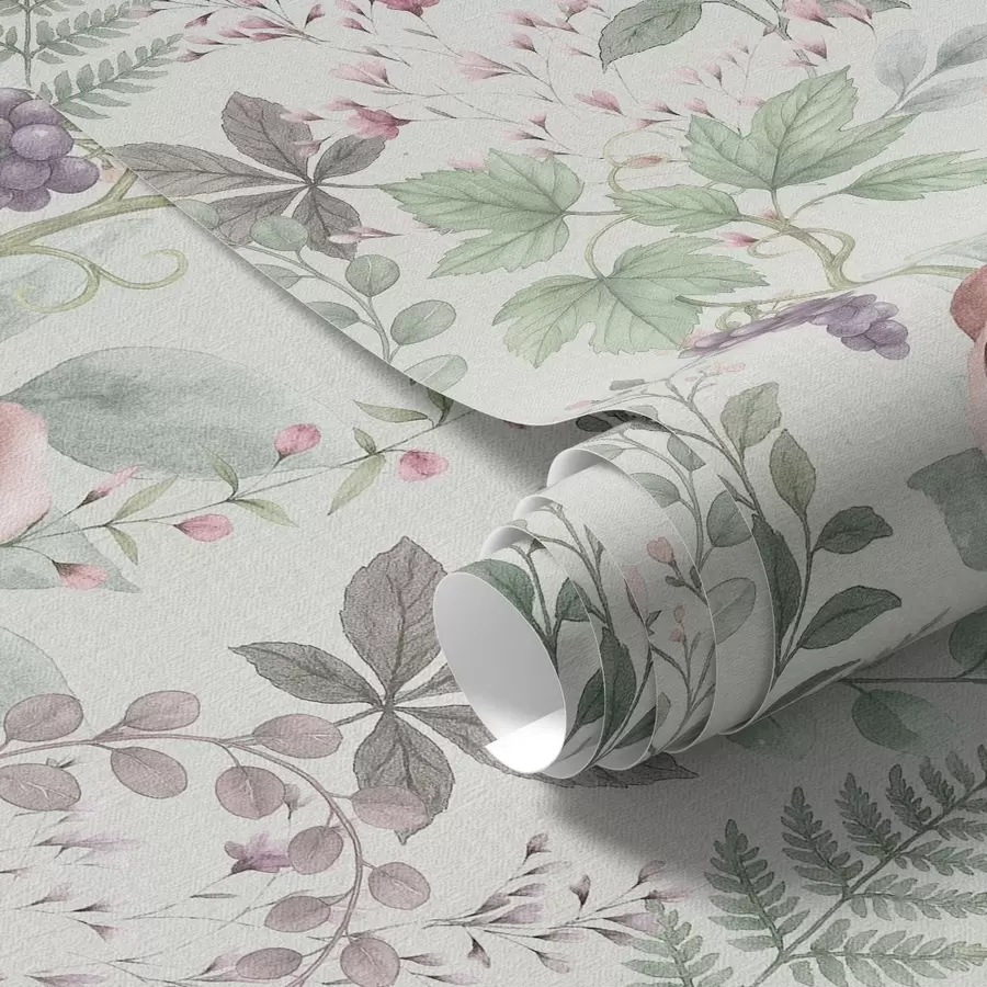 Papier peint Jardin pastel avec roses, fougères et raisins a00867