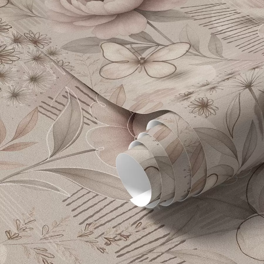 Papier peint Motifs floraux beige sépia avec accents papillon et linéaires a00870