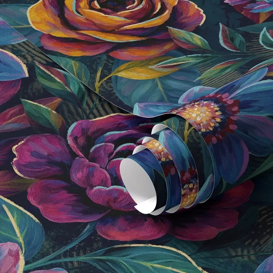 Papier peint Motifs floraux aux couleurs vives et éclatantes sur fond bleu marine profond a00871