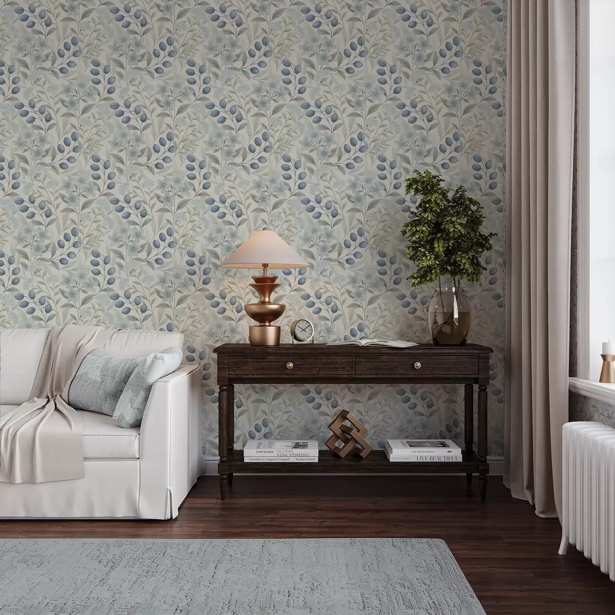 Papier peint Baies bleues et fleurs claires sur fond ivoire a00872