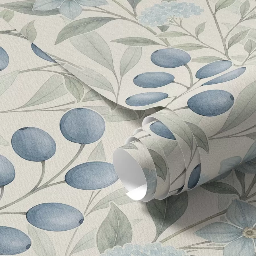 Papier peint Baies bleues et fleurs claires sur fond ivoire a00872