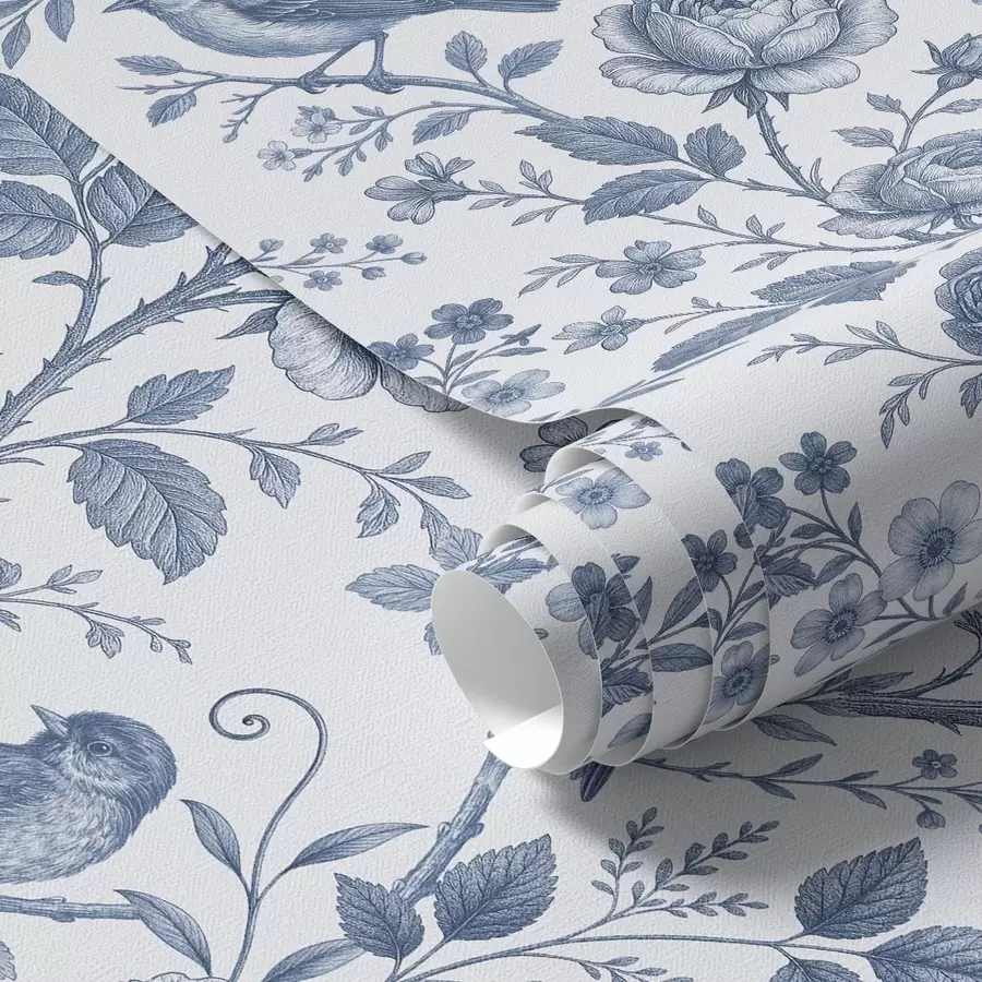 Papier peint Oiseaux et roses bleus sur fond blanc a00873