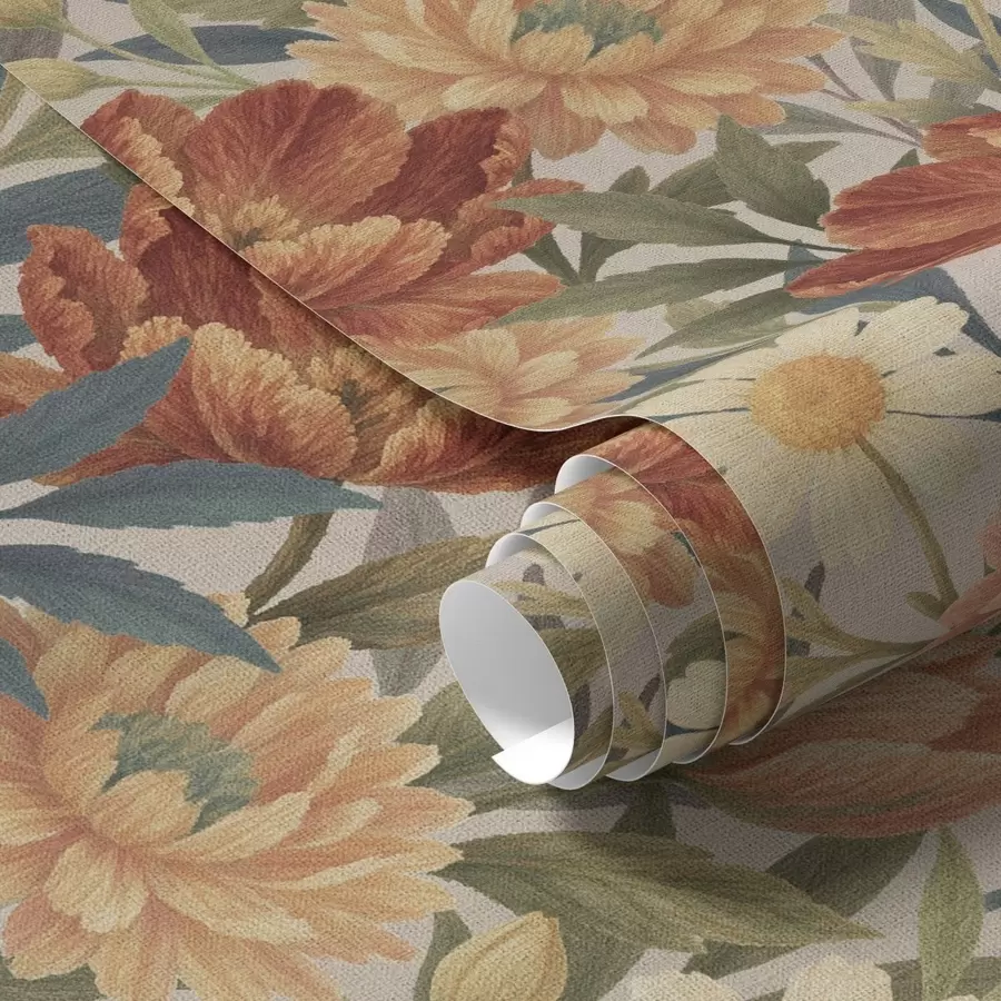 Papier peint Jardin vintage aux couleurs chaudes de terre cuite et pêche a00874
