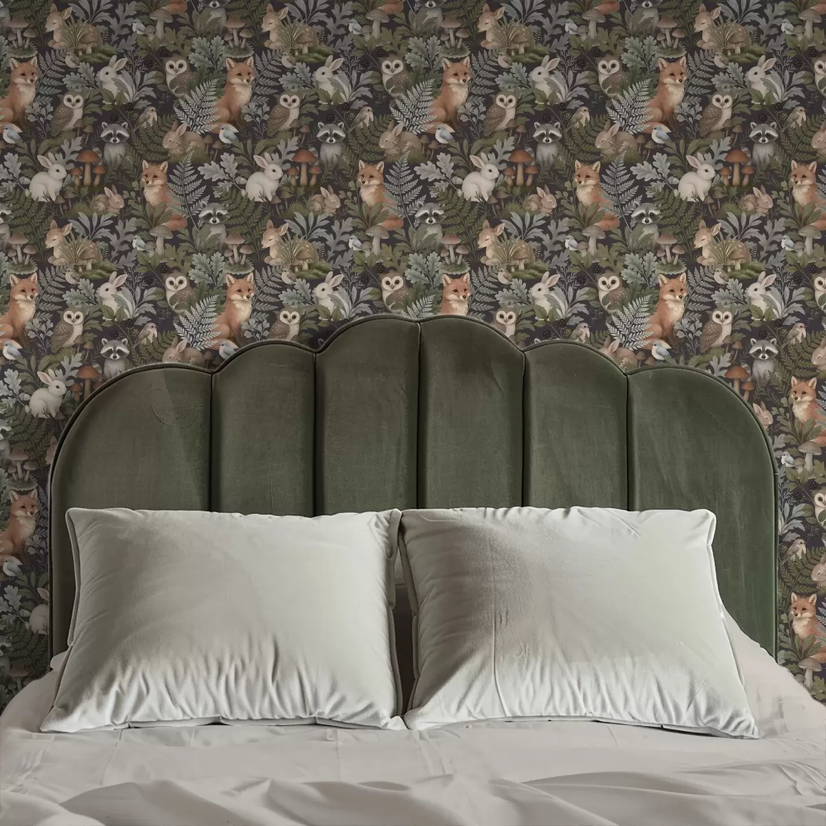 Papier peint Animaux des bois et fougères sur fond charbon foncé a00880