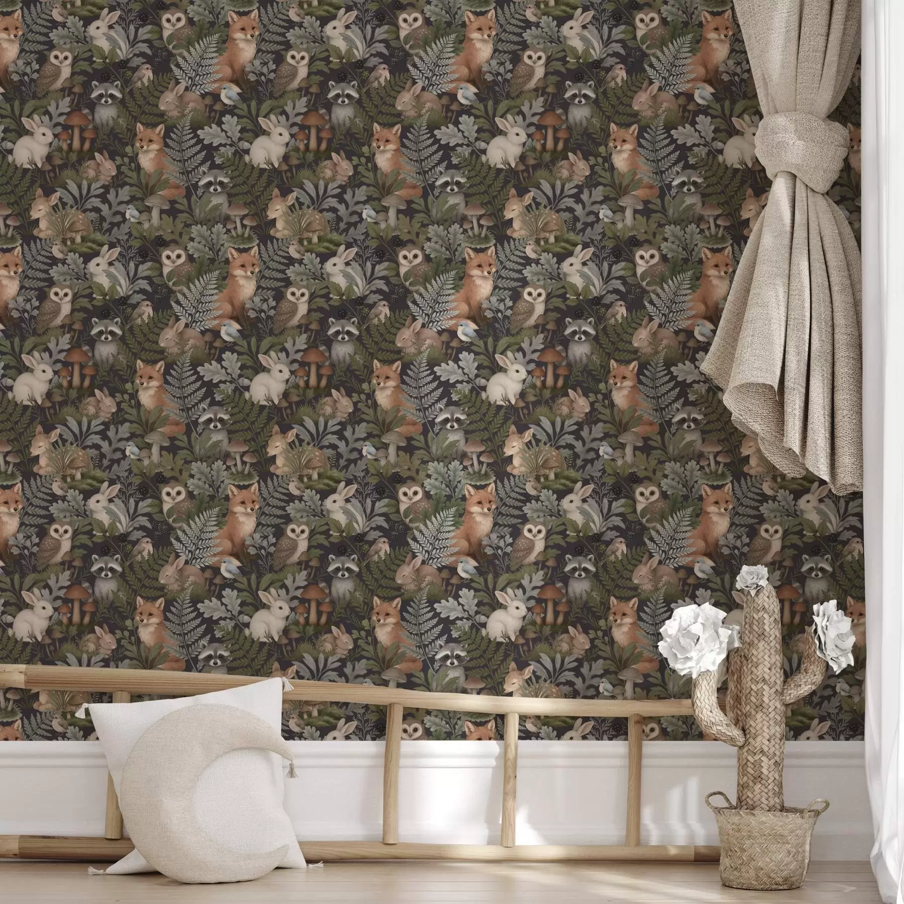 Papier peint Animaux des bois et fougères sur fond charbon foncé a00880