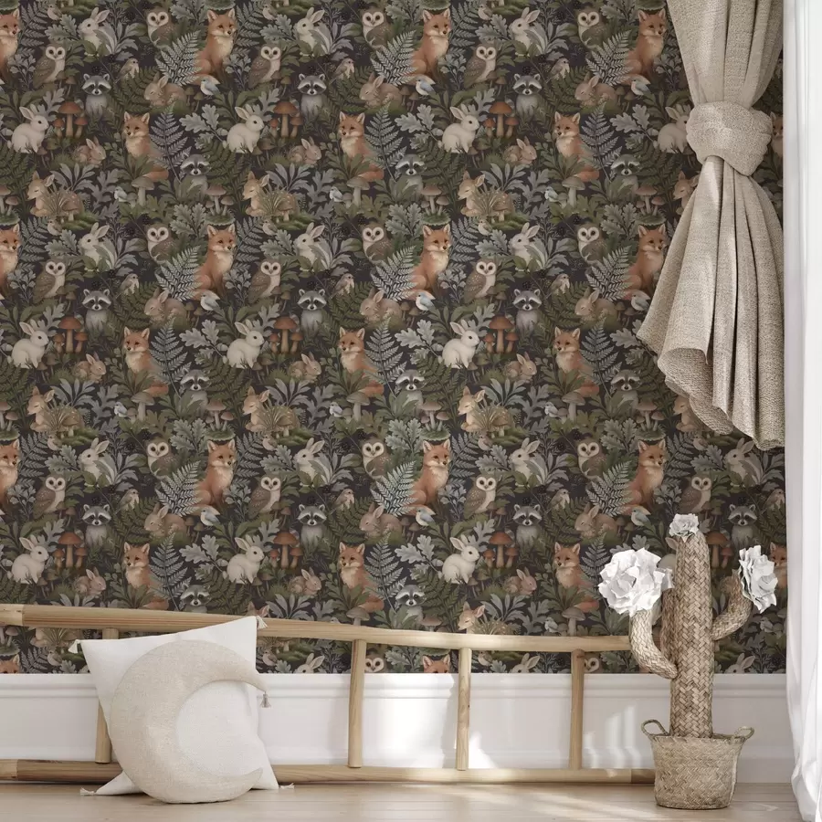 Papier peint Animaux des bois et fougères sur fond charbon foncé a00880