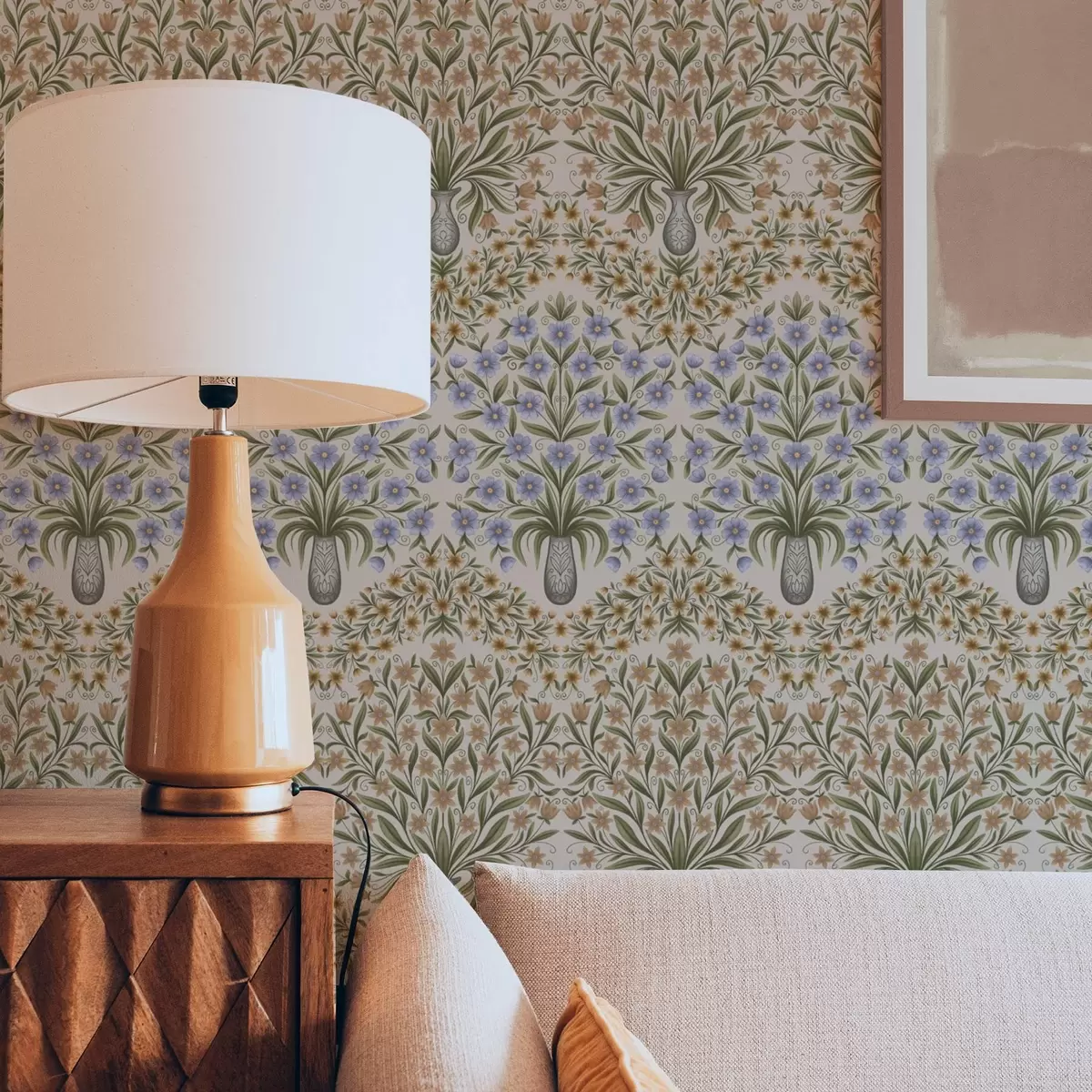 Papier peint Vases folkloriques avec fleurs bleues et feuilles d'olivier sur fond rose pâle a00900